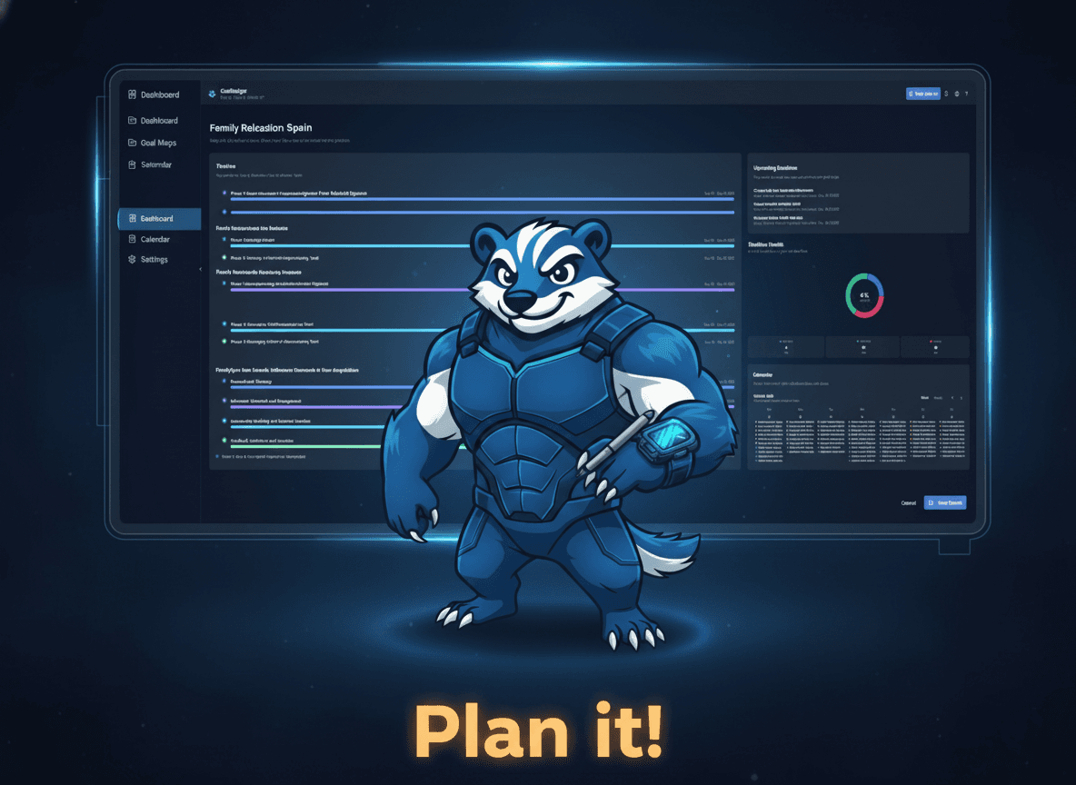 تميمة Goalbadger أمام لوحة تحكم التطبيق مع عبارة 'Plan it!'